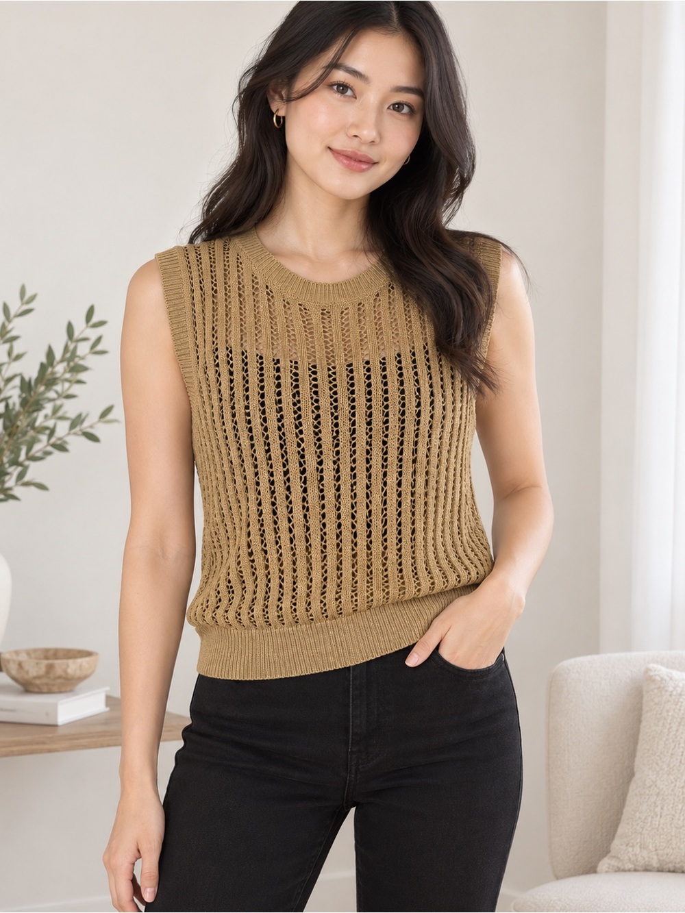 UNIQLO Medium Yellow/Mustard Open Knit Sleeveless Sweater Vest Linen Blend